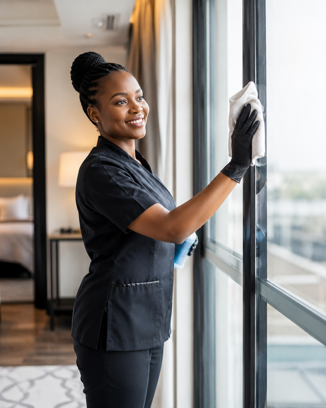 Smiling Katisa housekeeping professional cleaning a hotel room window