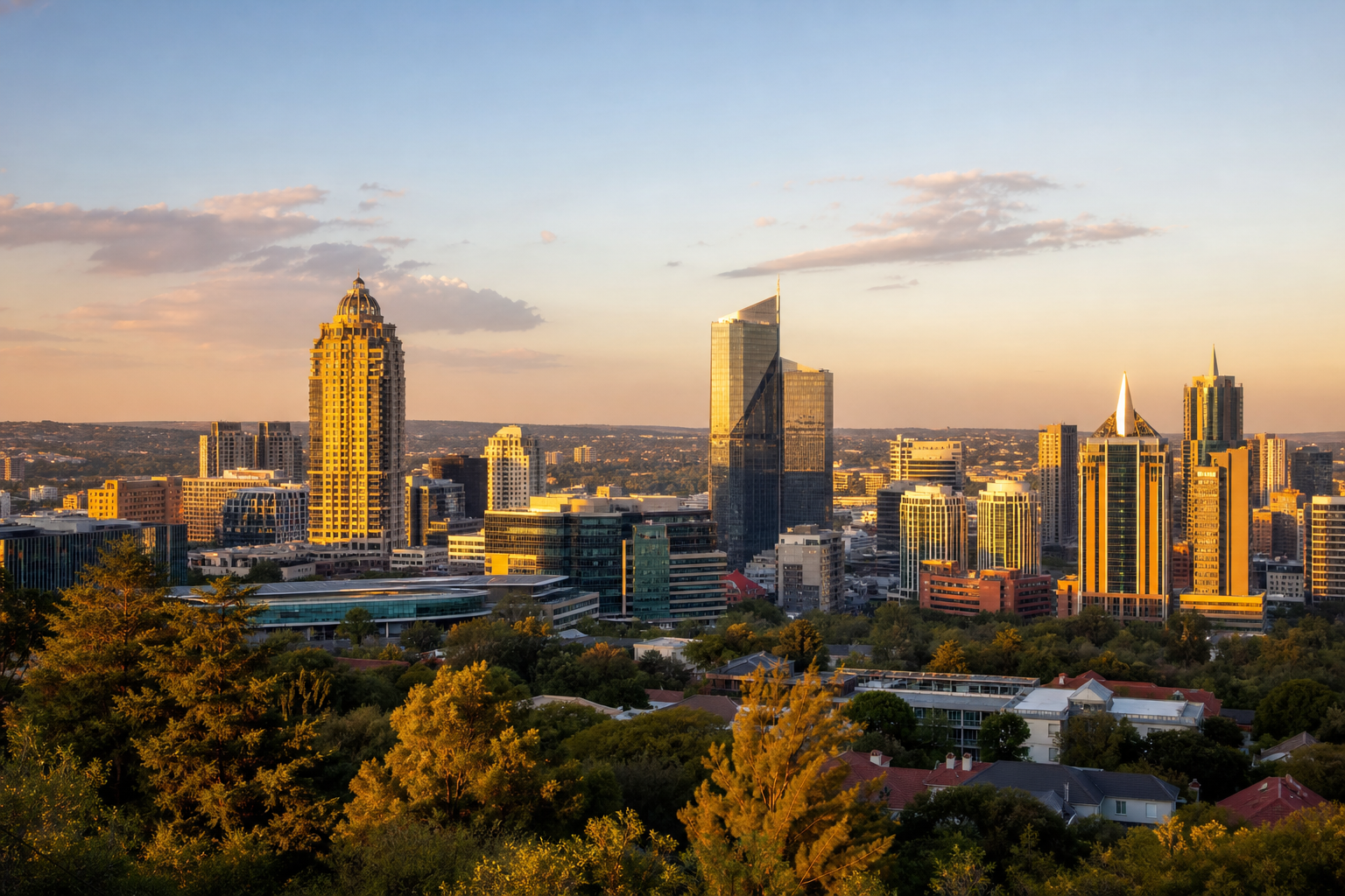 Johannesburg and Sandton skyline at golden hour